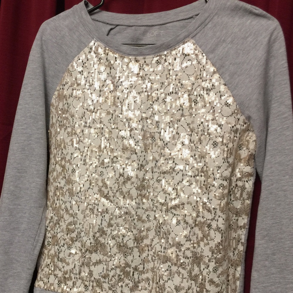 Ann Taylor LOFT-Ladies Grey/Lace Long Sleeve Top‎